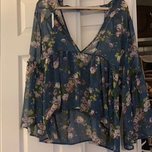 Blue floral chiffon blouse